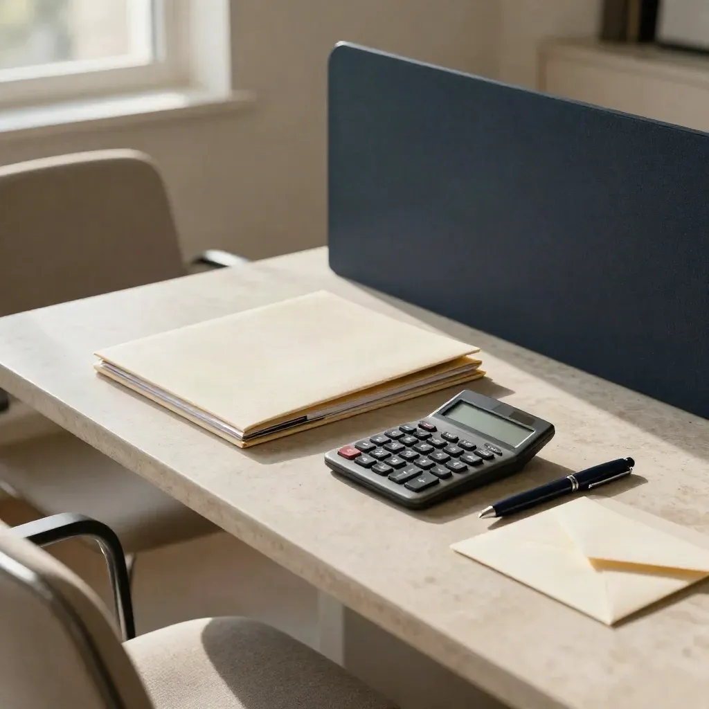 Claim folders, calculator, envelope and pen on pale stone beside a linen chair in warm window light.