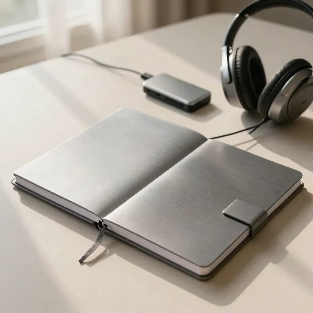 Top-down triage notebooks, drive docks and headset cradle on a warm plaster table in soft dawn haze.