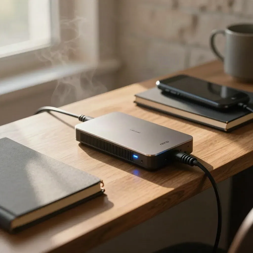 Modem, backup drive, notebook and docked phone on a hazy dawn counter