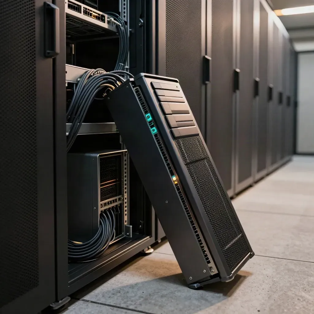 Open server rack in a dark closet aisle with cool teal maintenance light and haze.