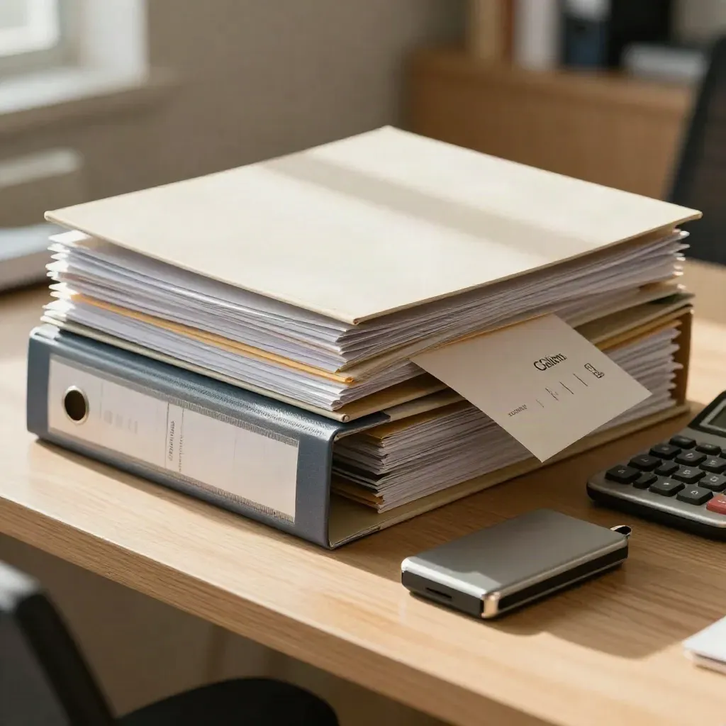 Closed claim binders, calculator, drive and envelope on a pale oak ledge in warm afternoon light.