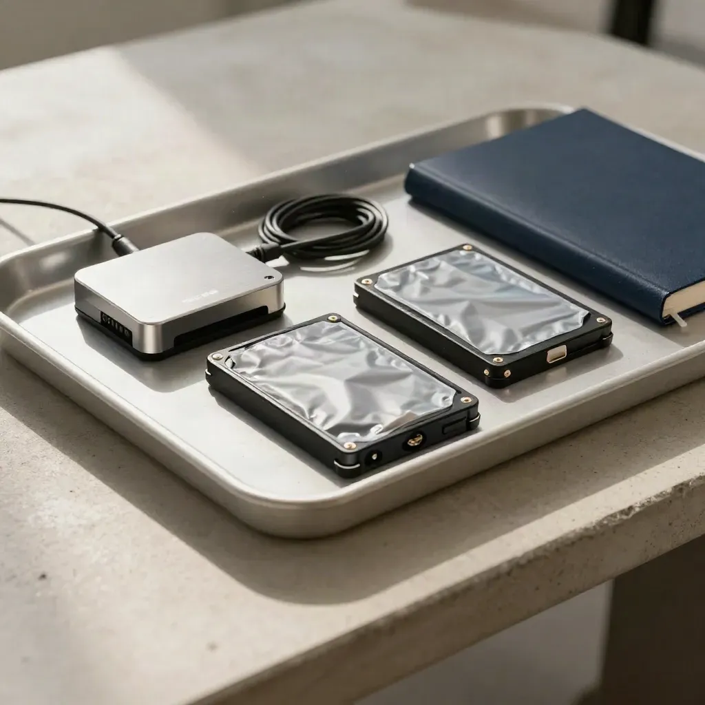 Forensic tray with write-blocker, two drive sleeves and a closed notebook on a concrete bench.