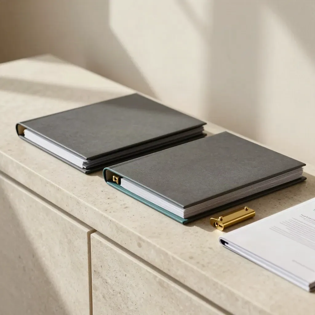 Closed claim folders, evidence drive, and brass paperweight on pale stone in warm window light.