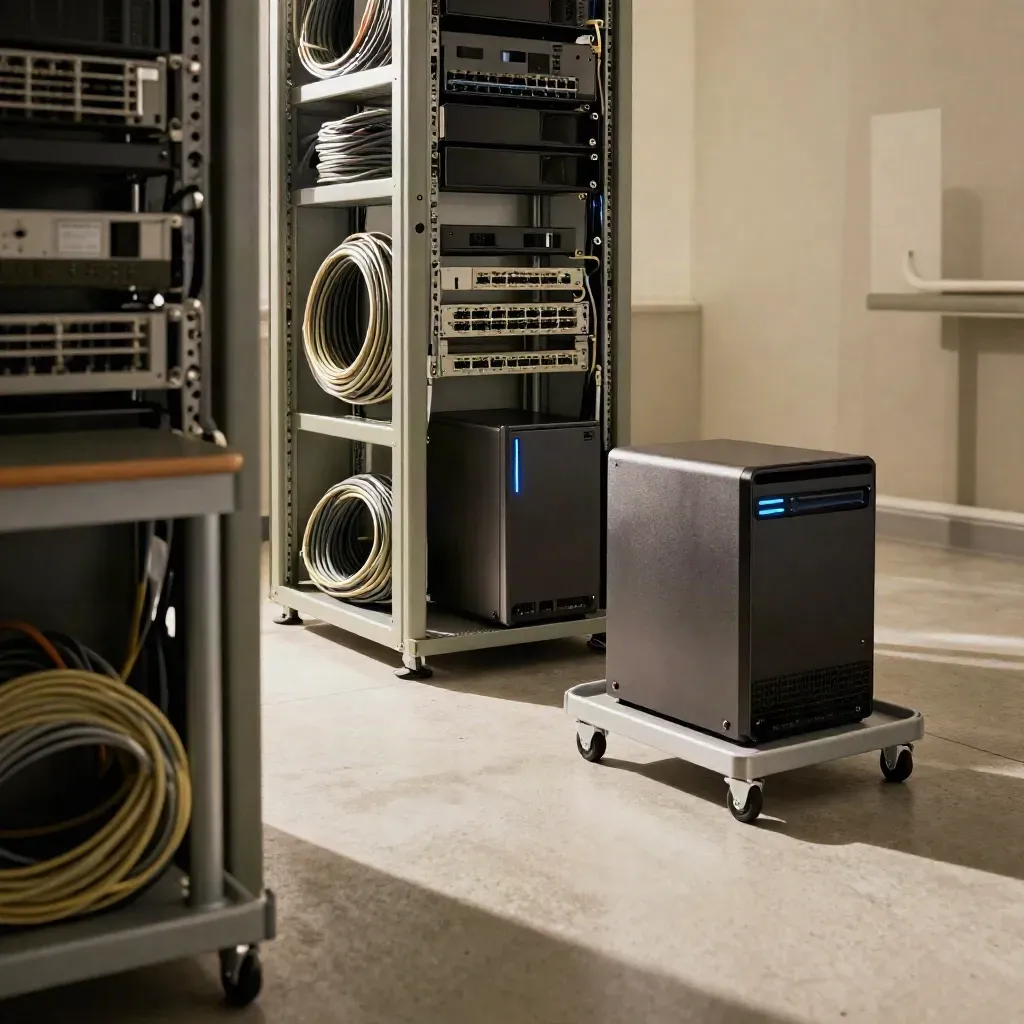 Utility room with firewall, NAS cart, and coiled cables under soft blue daylight.
