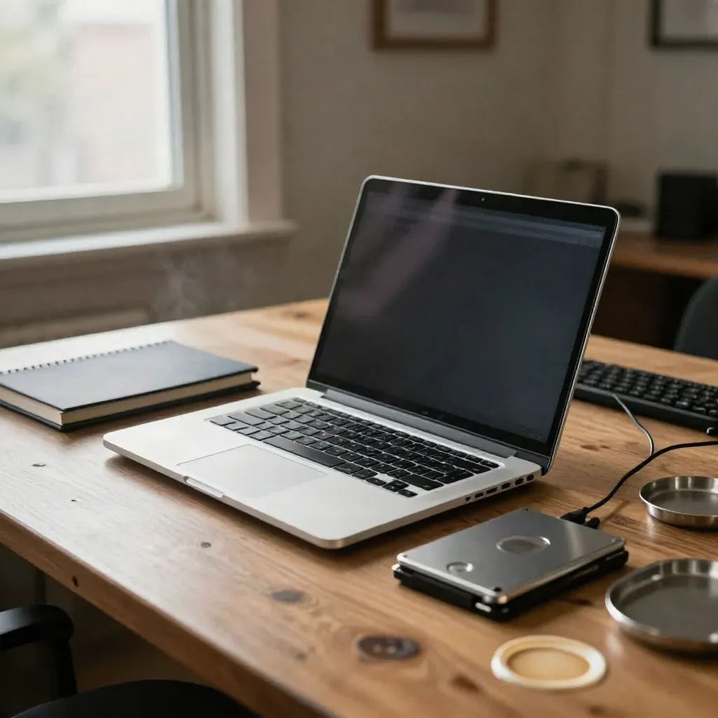 Cyber response desk with silver laptop, notebook, drives, and coffee ring in warm light.