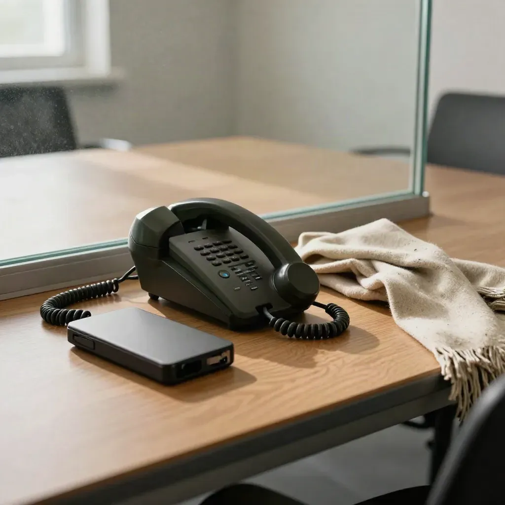 Close macro of a dispatch phone, backup drive, and wool scarf on a boardroom bench in winter light.
