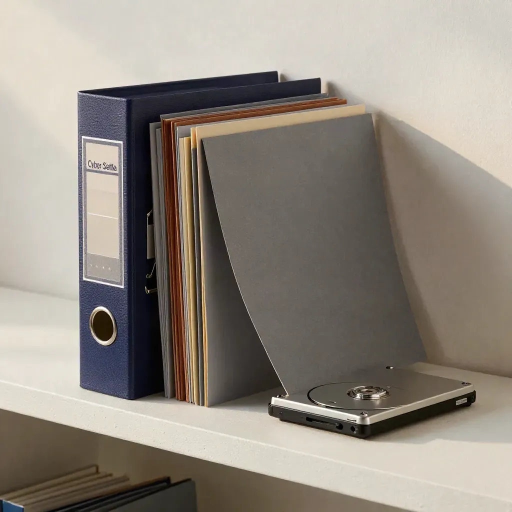 Binder, legal folders, and hard drive staged on a plaster shelf in soft dust-lit daylight.
