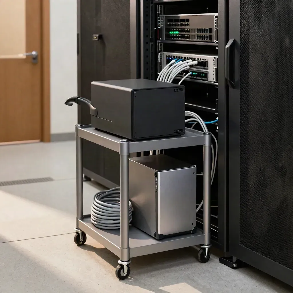 Server-room cart with firewall, cables and backup NAS beside an open rack in soft daylight.