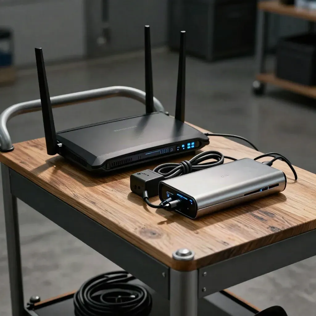 Emergency cyber incident kit on a rolling cart with router, power bank, charger, and drive sleeve.