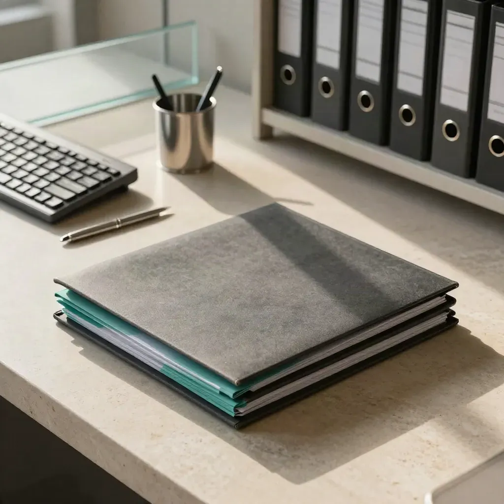 Law-firm folders, keyboard and pen cup on pale stone in soft morning light