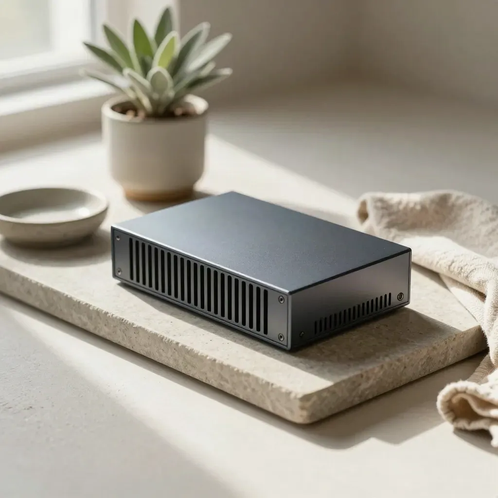 Firewall appliance on a stone tray with plant, wool cloth and dish in soft window light.