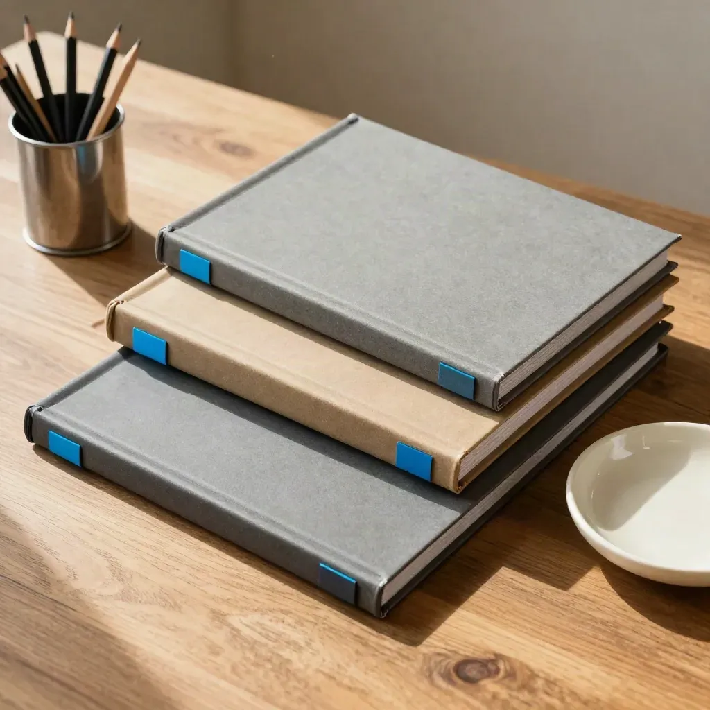 Archival folders, pencil cup, and ceramic dish on warm wood in soft daylight.