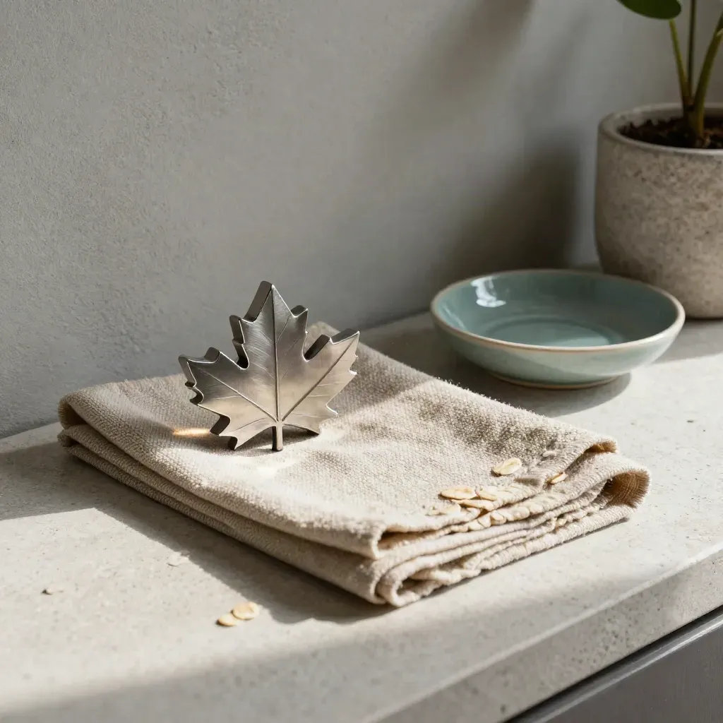 Maple-leaf paperweight with wool cloth, teal dish, and potted stem on pale stone in soft daylight